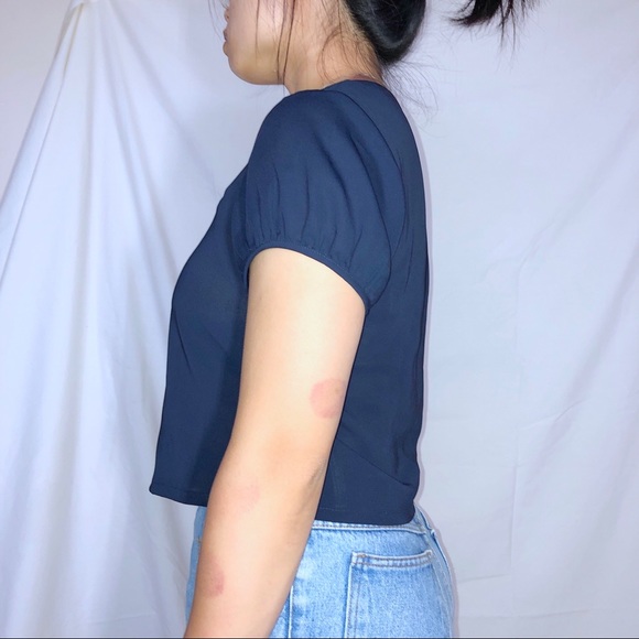 Vintage black puff short sleeve button up blouse S - Picture 2 of 3